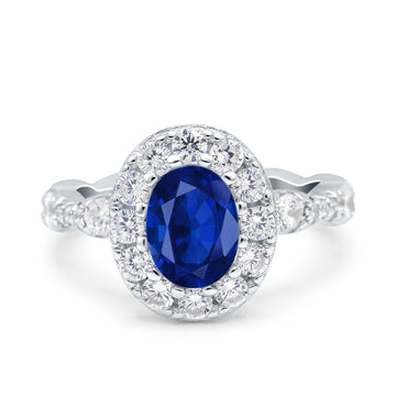 Oval Art Deco Halo Wedding Bridal Ring Simulated Blue Sapphire CZ 925 Sterling Silver